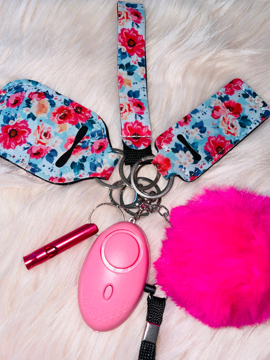 Hot pink floral blue kids keychain