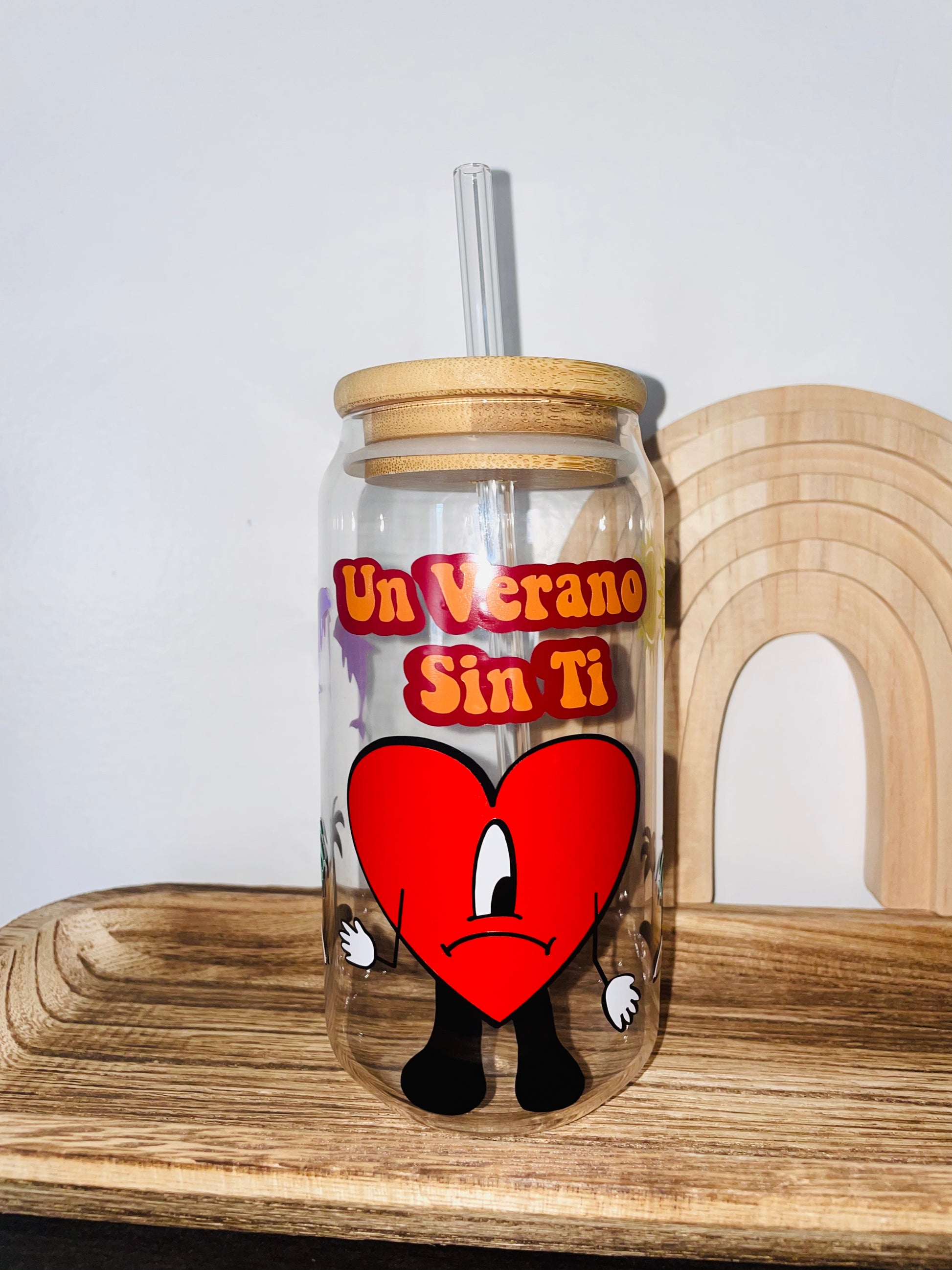 Bad Bunny Heart Clear Cup with Bamboo Lid and Glass Clear Straw- 16oz cup.  Bad Bunny Glass Cup, Un Verano Sin Ti, Christmas, Holiday Gift